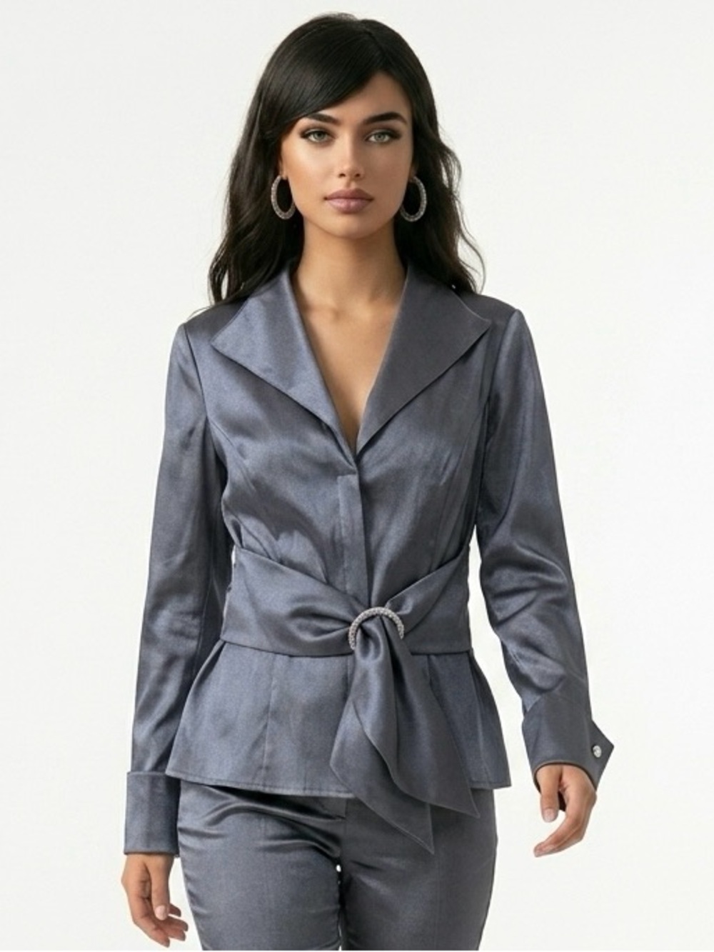 Vintage JS Collections Charcoal Tie-Waist blouse